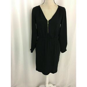 Zara Womens Solid Black Long Sleeve V Neck Mini Dress Xs